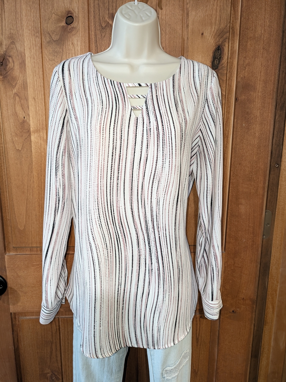 Apt. 9 White Black and Pink Striped Long-Sleeve Scoop Neck Top